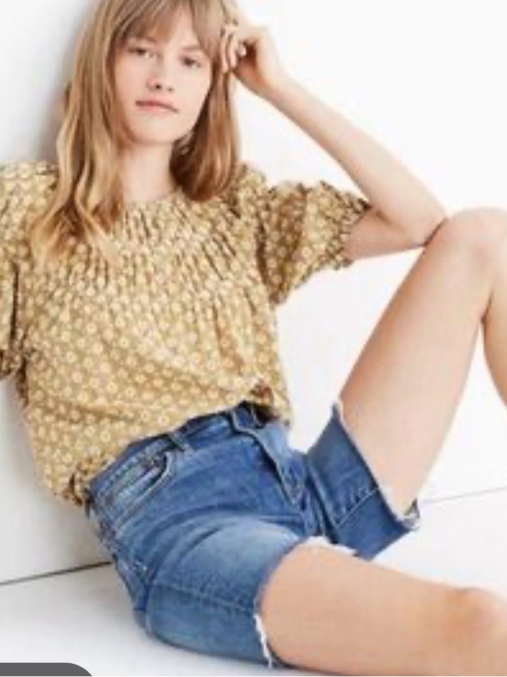 Madewell Mustard Floral Smocked Short-Sleeve Top